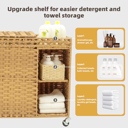Laundry Hamper with Lid, 160L Rattan Wicker Laundry Basket with Wheels, Handwoven Laundry Hamper 3-Section with Storage shelf(42.3 Gal), Laundry Sorter Basket with Removable Liner, Natural HLH033N - color: Nature, size: 33.5”L x 13”W x26.4”H