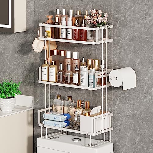 Godboat Bathroom Organizers and Storage, 3-Tier Over The Toilet Storage, Wall Shelf with Paper Holder and 2 Hooks, No Drilling Cool Decor and Home Decor, Gifts for Women, Mom, Mothers Day (White) - color: White, size: 3-Tier
