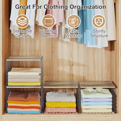 4PCS Wider Closet Organizers and Storage, Stackable Closet Shelf Organizer Storage Bins with Wood Top for Sweaters Jeans, Clothes Organizer Shelves for Wardrobe System Rack, Space-Saving,Sturdy Metal - color: Black, size: 4 Pack