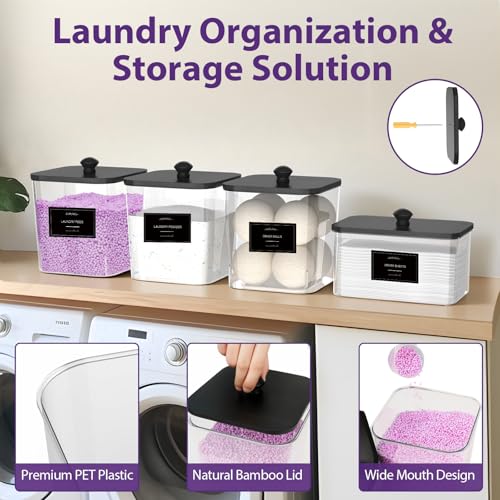 COAZEX 3+1 Pack Clear Laundry Pods Container & Dryer Sheet Holder, Plastic Square Laundry Room Organization and Storage Jars with Black Lids, Scoops & Labels for Detergent, Powder, Dryer Balls - color: 3+1 Pack