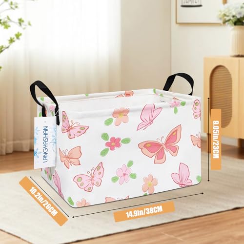 LANGYASHAN Rectangular Storage Bin Collapse Canvas Fabric Cartoon Storage Basket with Handles for Organizing Home Kitchen Boys and Girls Toys Office Closet Shelf Baskets (Rec Pink Butterfly) - color: Rec Pink Butterfly