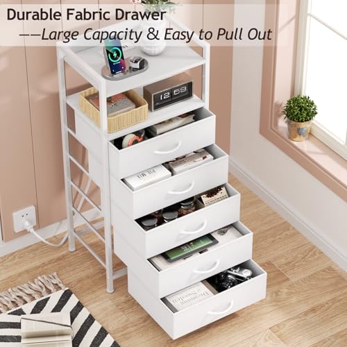 Furnulem White Nightstand with 5 Storage Drawer, Tall Dresser for Bedroom with Led Light and Charging Station, Side Table Nightstand for Closet, Fabric Bins, Metal Frame, Wood Shelf(White) - color: White, style: 5 Drawer