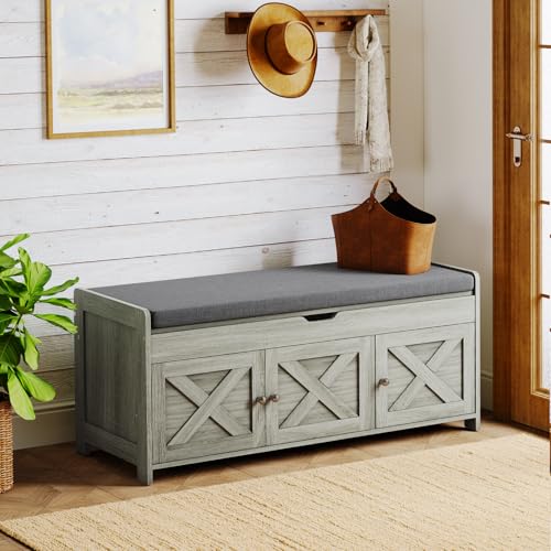 Pipishell Shoe Storage Bench, 2-Tier Shoe Bench with Cushioned Seat, Entryway Bench with Adjustable Shelf & Barn Doors, 300 lbs Capacity, 39.4" x 15" x 18", for Entryway, Bedroom, Living Room, Gray - color: Grey, size: 3 doors- 39.4" W x 15" D x 18" H