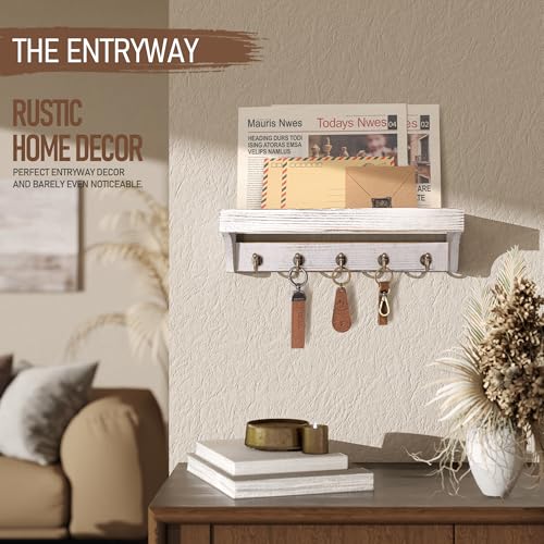 Rebee Vision Pine Wood Key Holder Wall Mount with Shelf for Farmhouse Decor - Rustic Wall Mail Organizer Wall Mounted for Living Room Decor - Perfect Mail Organizer for Home Improvement (Whitewash) - color: Whitewash
