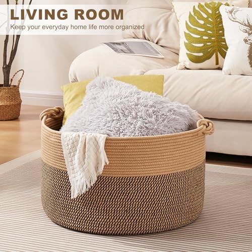 OIASKET Large Blanket Storage Basket for Living Room, 22.8" x 22.8" x 13" Woven Cotton Rope Basket with Handles, Baby Toy Storage, Laundry Hamper for Clothes, Pillows, Towels-Brown and Black - color: Brown & Black, size: 90L