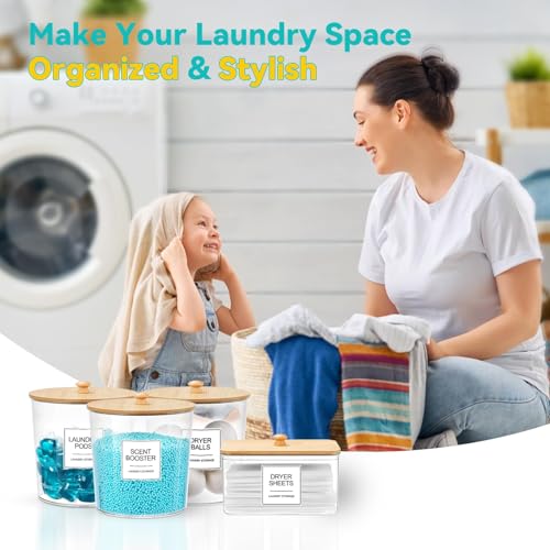 Laundry Pods Container & Dryer Sheet Holder, Laundry Room Organization and Storage Jars with Lids, Labels & Scoops for Powder Detergent Scent Booster - color: Wood