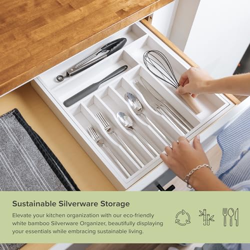 KitchenEdge Premium Silverware, Flatware and Utensil Organizer for Kitchen Drawers, Food-Safe Contract Grade, Expandable from 16 to 28 In, White Bamboo - color: White Bamboo, size: From 16" to 28" wide
