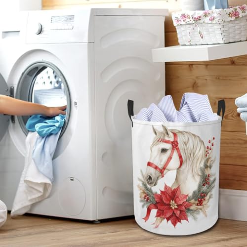 Christmas Horse Laundry Basket Cute Animal Foldable Laundry Hamper with Handles Clothes Storage Bin for Household Bedroom Bathroom Dorms 17.3"x13.6" - color: Christmas Horse