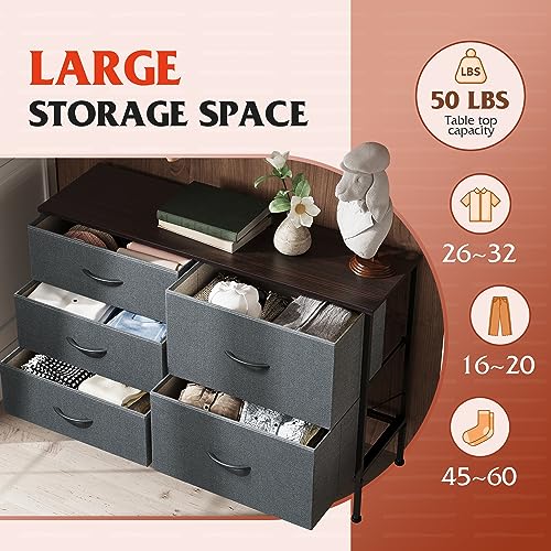 WLIVE Dresser for Bedroom with 5 Drawers, Wide Storage Dresser with Drawer Organizers, Chest of Drawers, Fabric Dressers for Living Room, Closet, Hallway, Dark Grey - color: Dark Grey