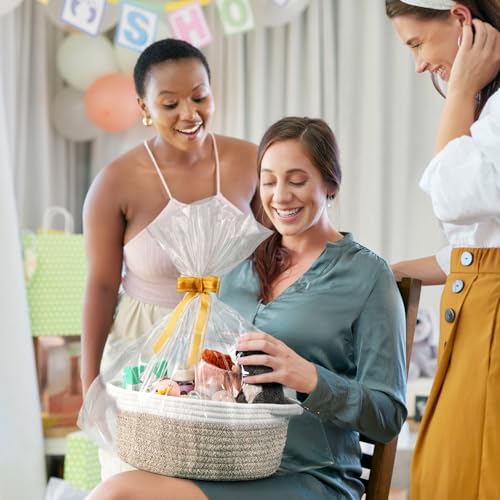 2 Pack Small Woven Basket with Gift Bags and Ribbons, Empty Decorative Gift Chest Box, Cute Baby Gift Basket for Nursery, Cotton Rope Room Shelf Storage Basket with Handles, All 12"x 8"x 5",Brown - color: Brown