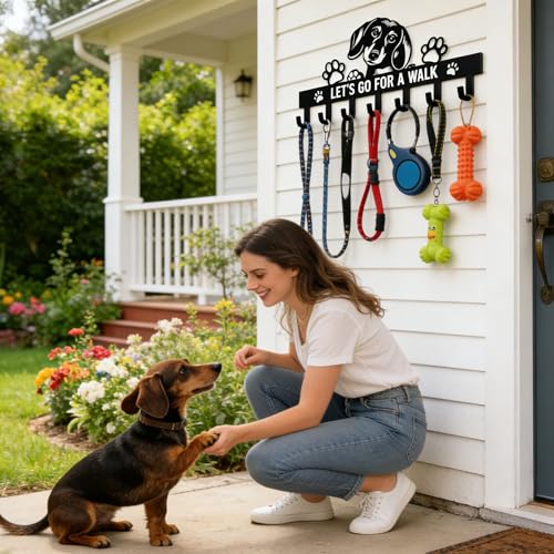 Dachshund Key & Dog Leash Holder for Wall, 7-Hook Wall Dog Storage Organizer for Entryway, Hallway, Front Door, Kitchen, Small Black Key Rack, Wall-Mounted Key Hanger, Dachshund Gifts & Decor - color: Dachshund