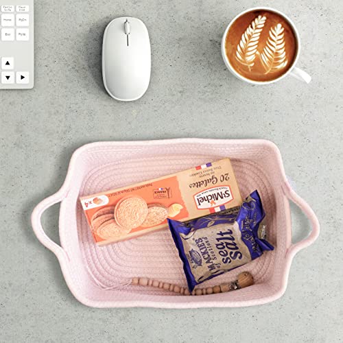 Woven Cotton Rope Storage Basket with Handles for Organizing Shelves Closet Small Cat Dog Pet Toy Baskets Box Bin Decorative Rectangle Baby Nursery basket Gift Basket Empty Light pink - color: Light pink