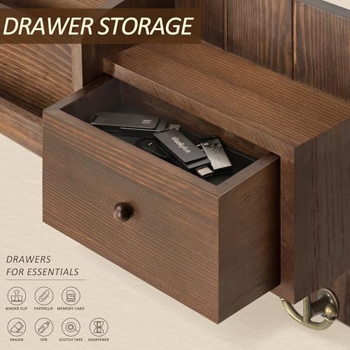 Rebee Vision Pine Wood Key Holder Wall Mount with Mail Sorter for Home Decor- Rustic Key and Mail Holder for Wall with Hooks and Drawer Organizer - Ideal for Apartment Essentials (Retro Brown) - color: Vintage Brown