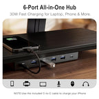 2-Tier Dual Monitor Riser with 6-Port Hub – 39.4" Extra Wide Solid Wood Plywood Desk Stand for Dual Monitors, 30w Fast Charging USB C/A Ports, Heavy Duty Desk Organizer, Black Wood Grain Finish