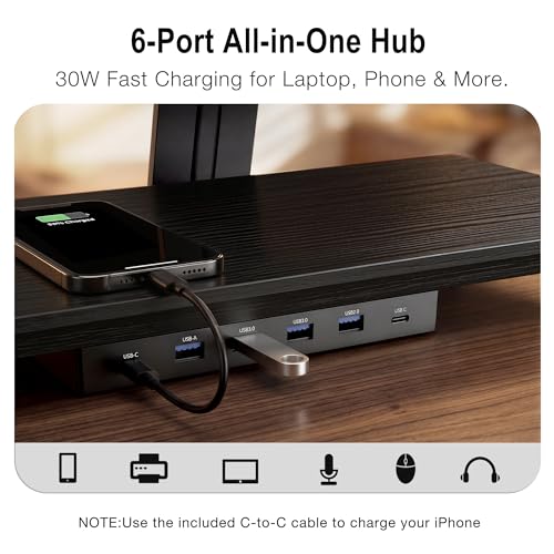 2-Tier Dual Monitor Riser with 6-Port Hub – 39.4" Extra Wide Solid Wood Plywood Desk Stand for Dual Monitors, 30w Fast Charging USB C/A Ports, Heavy Duty Desk Organizer, Black Wood Grain Finish