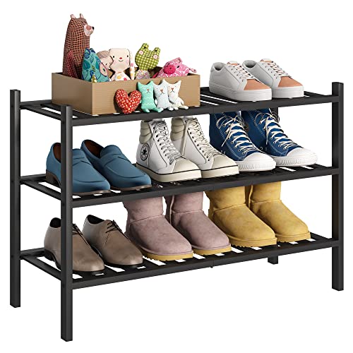 BMOSU 3-Tier Bamboo Shoe Rack Premium Stackable Shoe Shelf Storage Organizer for Hallway Closet Living Room Entryway Organizer (Black Bamboo) - color: Black Bamboo, size: 3-Tier（27*11*18.3inches）