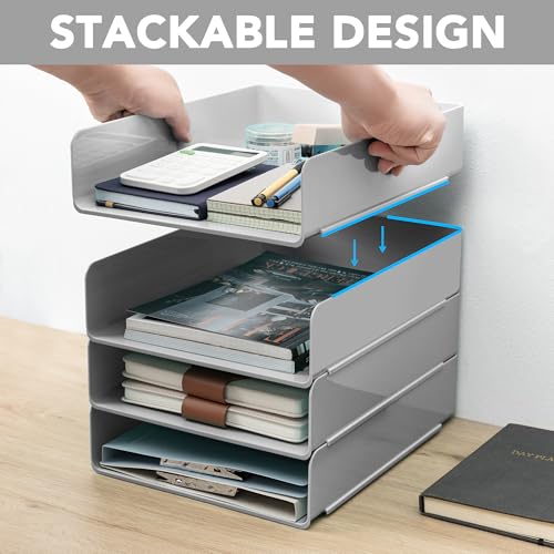 Tiawudi Desk Organizer, Office Organization and Storage, Plastic Letter Tray, Stackable File Organizer for Classroom, Home, Documents, Notes, Folders, Books and Pens, 4 Tier - color: Gray