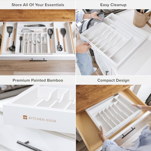 KitchenEdge Premium Silverware, Flatware and Utensil Organizer for Kitchen Drawers, Food-Safe Contract Grade, Expandable from 18 to 33 In, White Bamboo - color: White Bamboo, size: From 18" to 33" wide