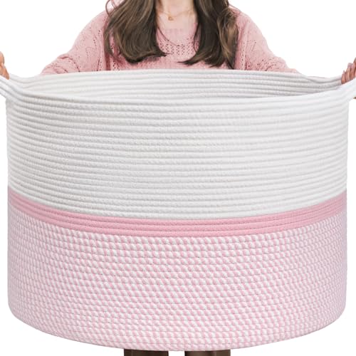 CHICVITA Extra Large Cotton Rope Woven Basket, XXL Throw Blanket Storage Basket with Handles, Pink Decorative Clothes Hamper Laundry Hamper - 22" x 22" x 14" - color: Pink