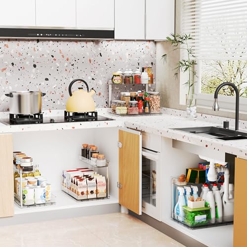 Yieach 2 Pack Under the Sink Organizer for Under Bathroom Sink,14.5″ Deep Sliding Inder Sink Organizer for Kitchen Cupboard,2 Tier Undersink Organizers for Vanity,Under Counter Storage Organization - size: 10.8 In High