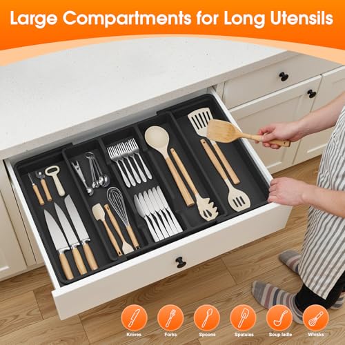 Large Silverware Organizer, Expandable Utensil Drawer Organizer for Kitchen Drawers, Kitchen Drawer Organizer for Spoons/Forks/Knives, Multipurpose & BPA Free Cutlery Tray, Black, 1 Pack - color: Black