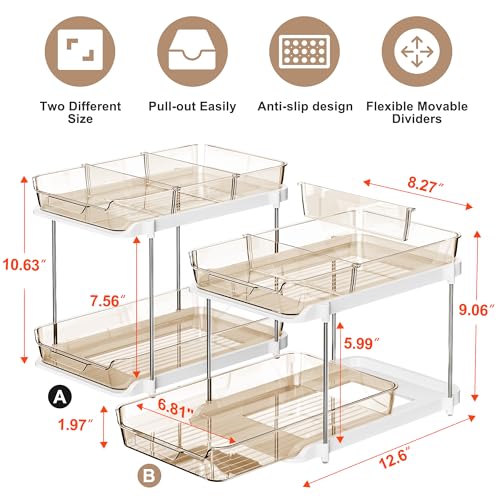 Delamu 2-Tier Multi-Purpose Bathroom Under Sink Organizers and Storage, Stackable Kitchen Pantry Organization, Pull Out Medicine Cabinet Organizer with Movable Dividers, Amber, 2 Pack - color: Amber, size: 2 Pack