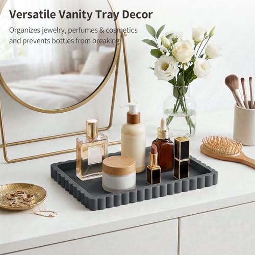 Silicone Bathroom Vanity Tray, Sink Caddy for Dish Soap Dispenser, Sponge Holder for Kitchen Sink, Rectangle Bathroom Countertop Organizer for Perfume, Jewelry, Candle (9.9” * 6”, Dark Grey) - color: Dark Grey, size: 9.9" x 6" x 0.7"