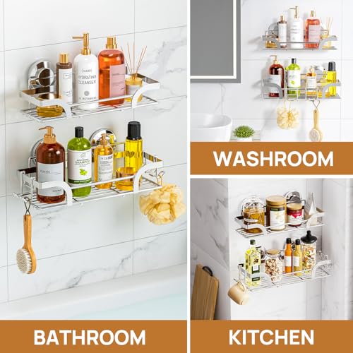 LEVERLOC 2 Pack Shower Caddy Suction Cup, Shower Shelves for Inside, Rustproof Metal Bathroom Storage NO-Drilling Bath Organizer with Large Capacity,Heavy Duty Storage Basket,Home Decor,Silver - color: Silver