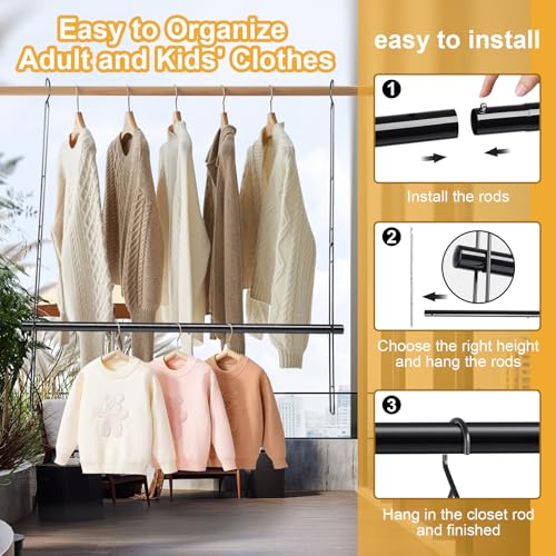 Hanging Closet Rod 31.89in, 6 Height Adjustable Closet Hanging Organizer, Heavy Duty Closet Extender Hanging Rod, Space Saving Clothes Hanging Bar Closet Poles for Hanging Clothes,Black