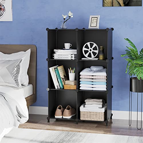 AWTATOS Cube Storage Organizer, Storage Cubes Shelves Bookshelf, 6 Cube Closet Organizers and Storage, DIY Stackable Plastic Clothes Organizer Shelving for Bedroom, Home, Black - color: Black
