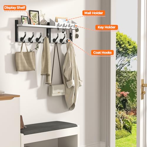 Evermagin 29" Coat Rack Wall Mount with Shelf, 4 in 1 Coat and Key Hanger with 11 Metal Hooks, Entryway Wall Mounted Shelf with Mail Holder for Living Room, Bedroom, White - color: White, size: 29 inch