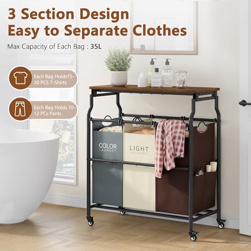 Hoctieon 3 Section Laundry Sorter Cart with Ironing Board, Laundry Hamper Basket with Shelf and Wheels, Heavy Duty Clothes Organizer, Large Clothes Separator with Removable Bags, Brown+Gray+Beige - color: Brown+gray+beige
