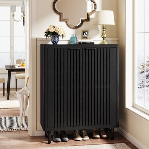 Tribesigns 6-Tier Shoe Cabinet with Shutter Doors, Large Wooden Shoe Organizer Rack with Adjustable Shelves, Modern Farmhouse Hidden Storage Furniture for Entryway, Hallway (Black) - color: Black