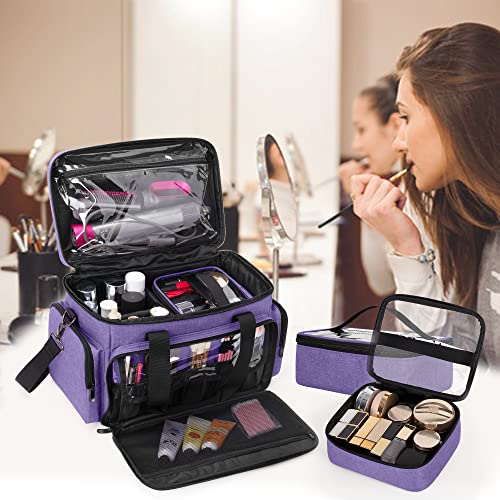BAFASO Large Makeup Bag with 2 Removable Pouches and Detachable Dividers, Multifunctional Toiletry Bag Cosmetic Bag to Keep Makeup and Hair Supplies (Patent Pending), Purple - color: Purple
