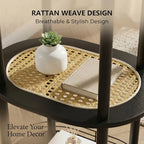 Small Rattan Side/Accent Table with Storage, 3 Tier Round/Oval End Table with Rattan Shelf & Metal Basket, Boho Nightstand, Tool Free Assembly/Screw-Hole Free Tabletop-Living Room Bedroom-Black - color: Black-rattan, size: 1PC