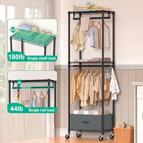 Folews Rolling Clothes Rack, 3 Tier Garment Rack for Hanging Clothes, Metal Wire Wardrobe with Drawer Rods Portable Closet Organizer Freestanding Clothing Shelf with Wheels, Black - size: 13.3"D x 23.2"W x 70.8"H