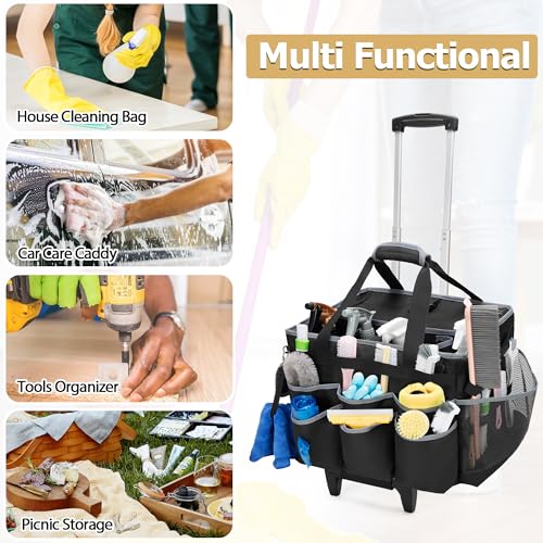 HODRANT Large Cleaning Caddy with Detachable Trolley & Shoulder Strap, Cleaning Supplies Bag with Handles & Support Plates, Cleaning Product Rolling Organizer for Car Wash and Housekeeping