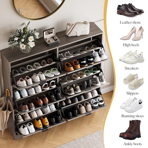 HUANLEGO Shoe Cabinet Storage for Entryway with 6 Flip Drawers, Grey Fluted Shoe Cabinet with Adjustable Shelves, Wooden Hidden Shoe Rack Freestanding Narrow Slim Shoes Storage for Hallway, Entrance - color: Grey, size: 6 Drawer