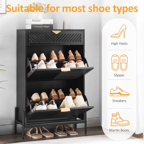 Shoe Cabinet Storage with 2 Flip Drawers, Narrow Hidden Shoes Organizer Cabinet for Entryway, Freestanding Slim Shoe Rack Front Door Entrance(Black) - color: Black, size: Medium