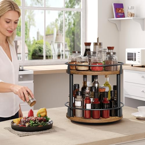 YATINEY Lazy Susan Organizer, Rotating Spice Rack, 2 Tier Spice Turntable Organizer, Industrial Turntable Spice Holder, for Kitchen Countertop and Cabinet, Compact and Versatile, Rustic Brown SR22BR - color: Rustic Brown + Black, size: 10.2"L x 10.2"W x 1