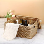 Hipiwe Rattan Basket With Lid Rectangular Lidded Basket Natural Hand-Woven Wicker Storage Basket Bin for Shelf Organizing Picnic Food Bread Table Storage Basket, 15.1 x 11.2 x 7.3 inch - size: 15.1"L x 11.2"W x 7.3"H