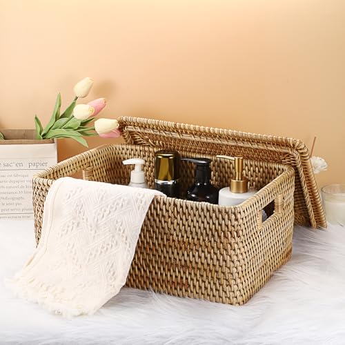 Hipiwe Rattan Basket With Lid Rectangular Lidded Basket Natural Hand-Woven Wicker Storage Basket Bin for Shelf Organizing Picnic Food Bread Table Storage Basket, 15.1 x 11.2 x 7.3 inch - size: 15.1"L x 11.2"W x 7.3"H
