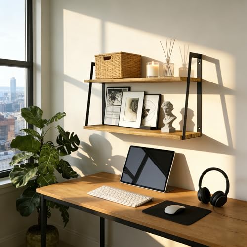 SRIWATANA Floating Wall Shelves, 2-Tier Rustic Wood Shelves for Bedoom, Bathroom, Living Room, Kitchen(Carbonized Black) - color: 1. Carbonized Black