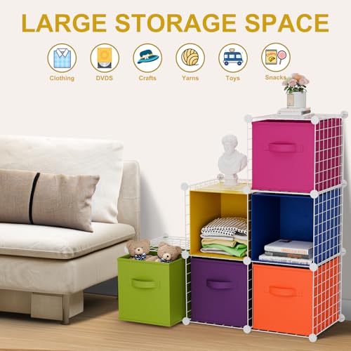 Leinuosen 6 Cube Storage Organizer with 6 Foldable Fabric Storage Bins, Metal Wire Grid Shelves, Stackable Modular Closet Organizer for Bedroom Living Room Office Toys Books(White,Colorful) - color: White,Colorful