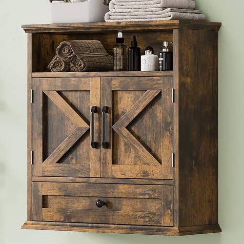 Bathroom Wall Cabinet, Wall Mounted Medicine Cabinet with Drawer, Barn Door & Adjustable Shelf, 24.4"H x 23.6"W x 9"D Rustic Brown Over Toilet Farmhouse Storage Cabinet for Kitchen, Laundry, Entryway - color: Rustic Brown, size: 24.4"H x 23.6"W x 9"D