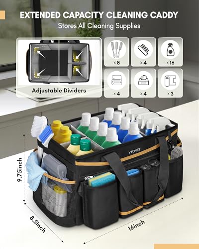 Ytonet Cleaning Caddy Bag with Detachable Apron, Extra Large Cleaning Supplies Organizer with Foldable Dividers, Portable Cleaner Tote with Handle, Cleaner Caddy for Housekeeper, Black - color: Black