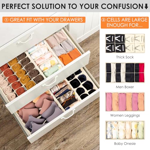 Drawer Organizer Clothes, 8 Pack Dresser Organizer Bins for Baby Clothes, Underwear Sock, Fabric Closet Organization and Storage Dividers for Nursery Bedroom (48 Compartments, Beige) - color: Beige, size: 8 Pack