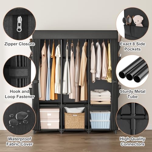 Wardrobe Closet, Portable Closets for Hanging Clothes 19mm Steel Tube Portable Wardrobe Closet for Bedroom, Clothes Rack with Cover, 3 Hanging Rod, 6 Storage Shelves and Side Pocket - color: Black, size: 3 Row - 52' Wide