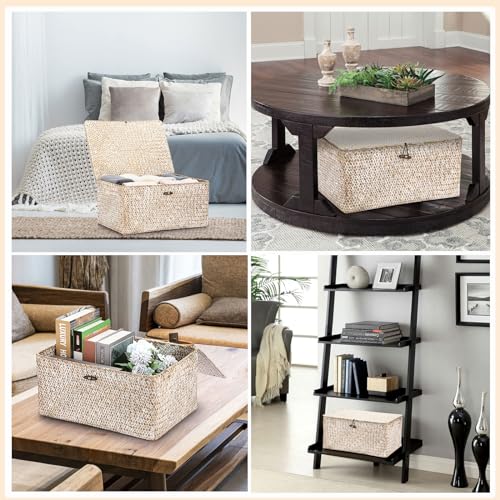 Hipiwe Wicker Woven Baskets Bin with Lid Natural Seagrass Basket Storage Bin Rectangular Household Basket for Shelf Wardrobe Home Decor, Whitewash, X-Large - color: Whitewash, size: X-Large