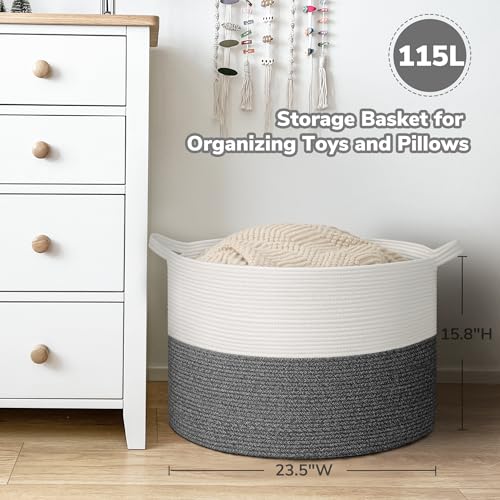 Goodpick 115L Extra Large Blanket Basket, Soft Cotton Rope Storage Basket for Organizing, Home Decor, Toys, Toy Storage Organizer for Living Room & Nursery, Grey - color: White & Grey, size: 23.5x23.5x15.8 Inch (Pack of 1)